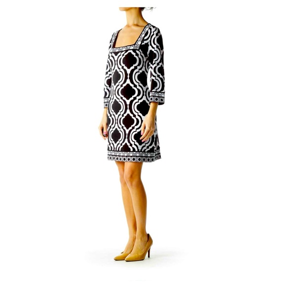 White House Black Market Signature Knits Black And White Printed Shift Dress. - Picture 1 of 9